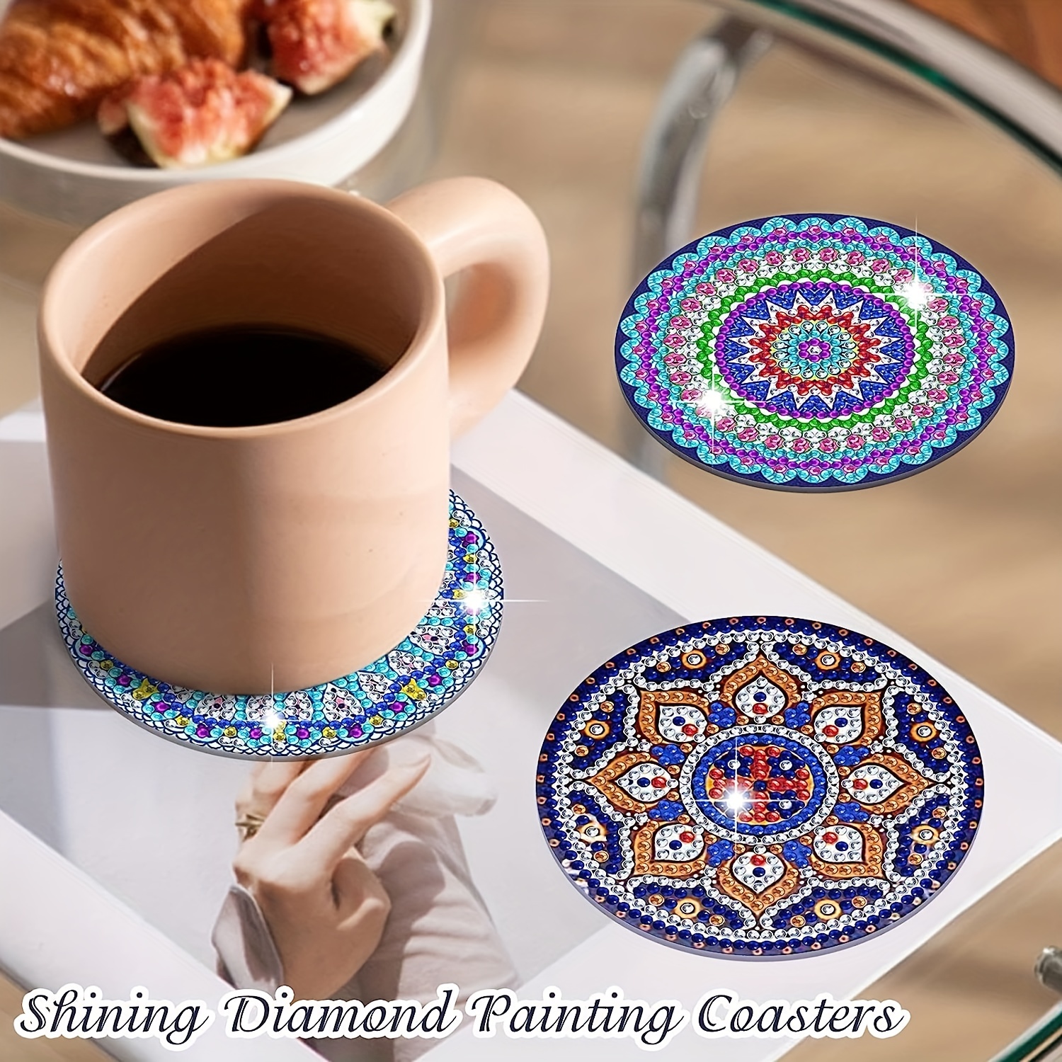 Diamond Painting Coasters Kit, 8 Pcs Mandala Diamond Painting Coasters with Holder, DIY Diamond Art Coasters for Beginners, Kids