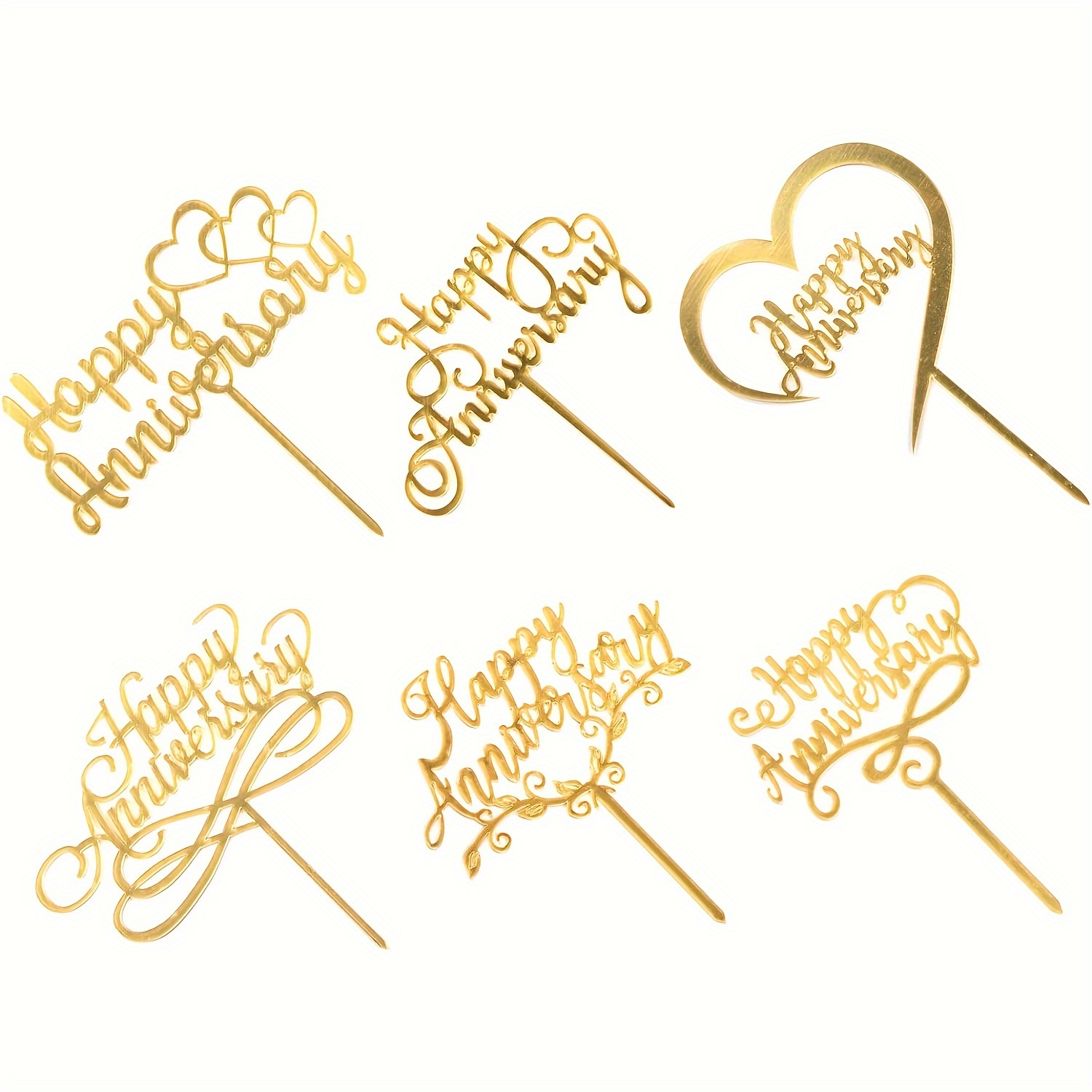 

6pcs Elegant Golden & Silvery Happy Anniversary Cake Toppers - Acrylic, Double-sided Design For Wedding & Valentine's Day Celebrations