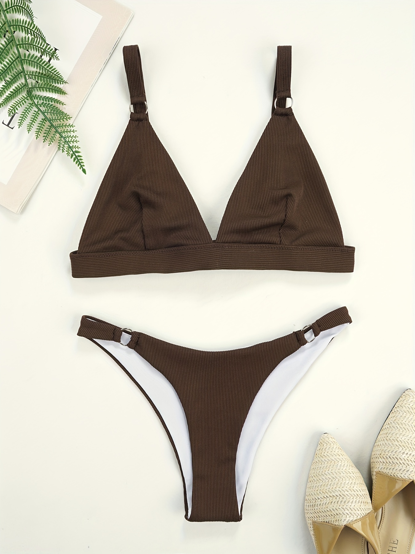 Solid Brown Ruched Texture Fabric Bikini Top Scoop Neck - Temu Canada