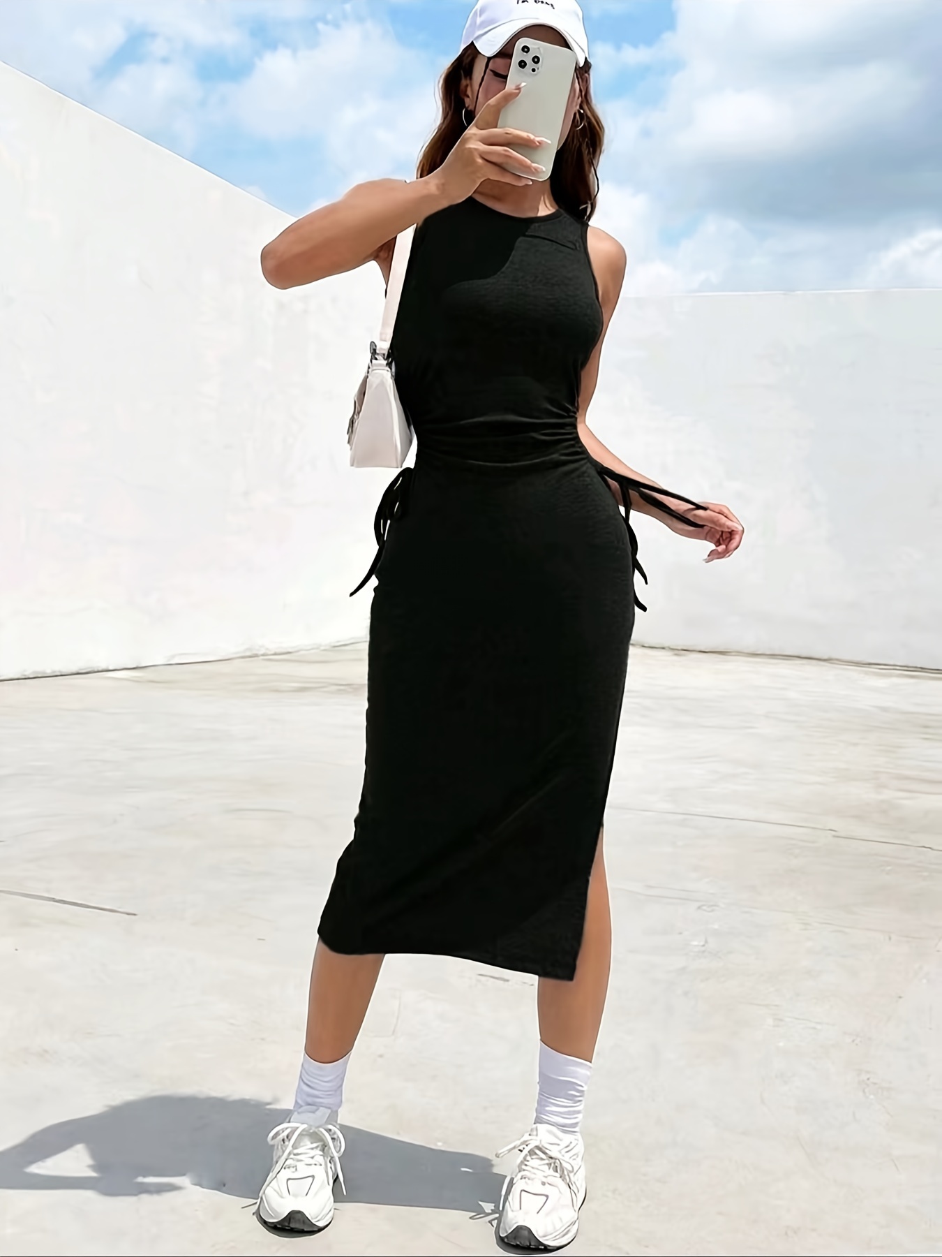 white christmas dresses Twist-Back Ribbed Bodycon Casual Midi Dress– PromGirl main image 1