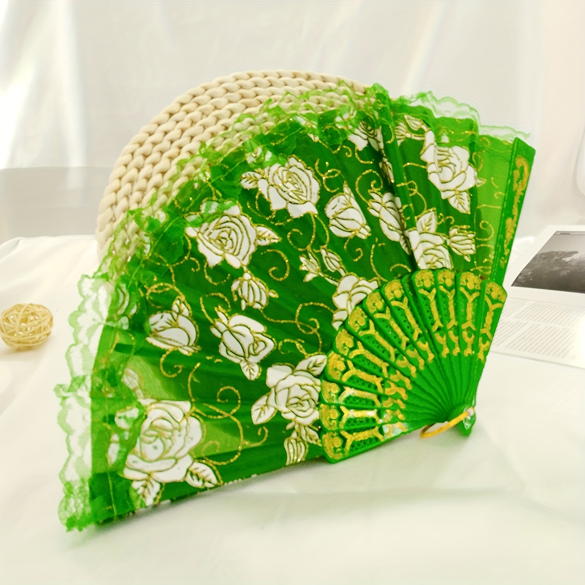 Chinese Style Floral Folding Fan with Lace for Dance Performance