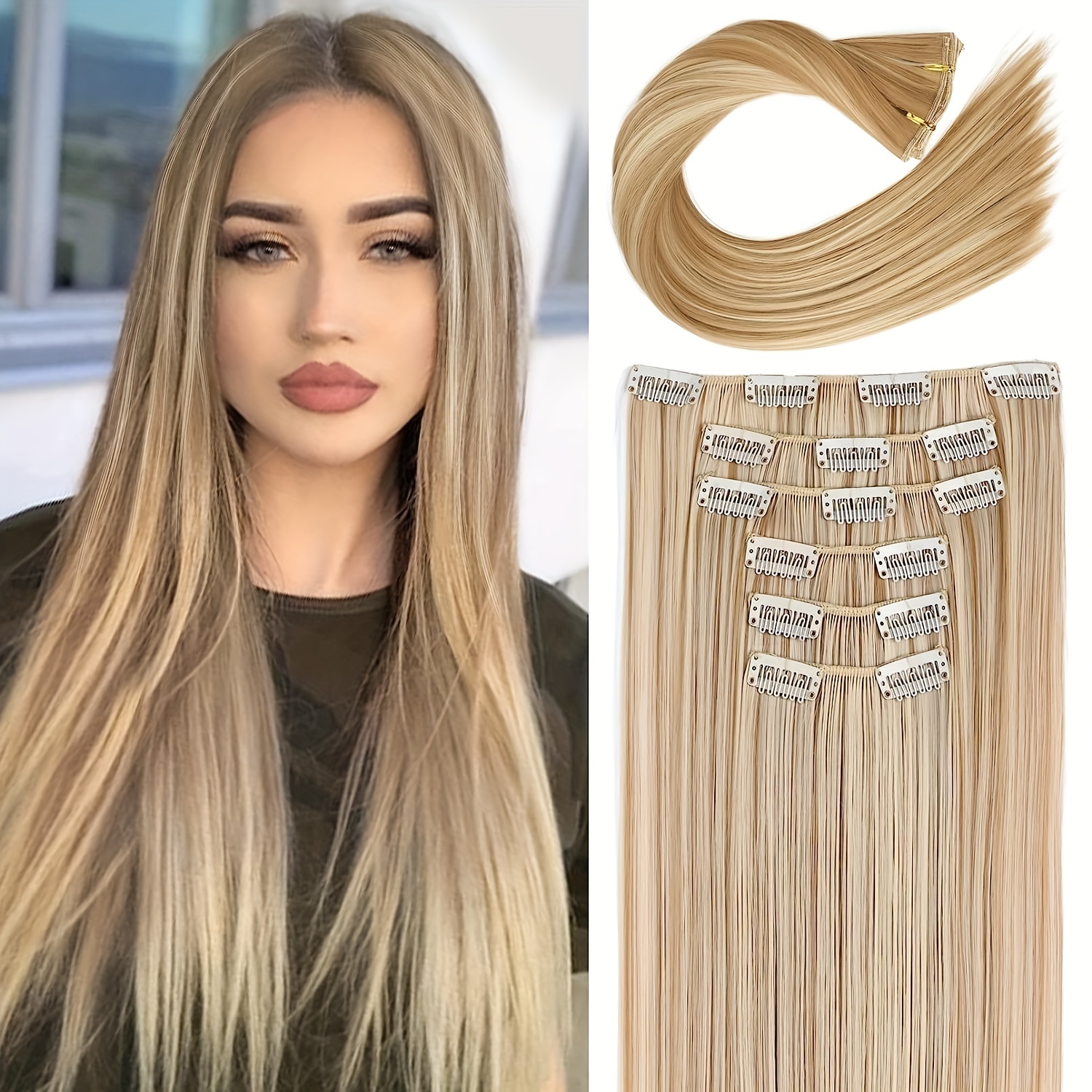 

24 Inch Dark Blonde Clip-in Extensions With High Gloss And Thick Hair - Natural Soft Synthetic Fiber For Women - 6 Pieces