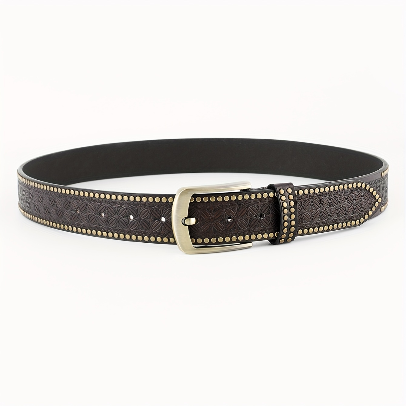Wide leather belt women vintage floral pin buckle woman belt jeans strap  (belt length: 115 cm, colour: brown small flower)