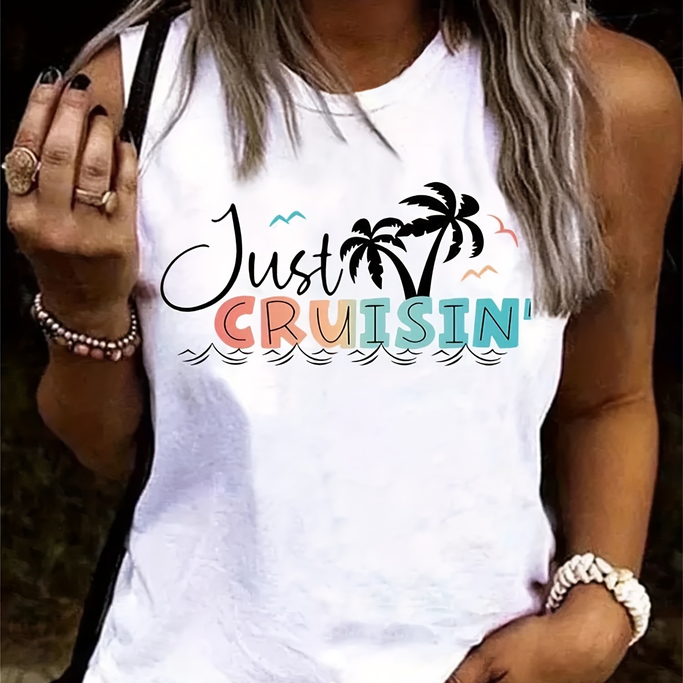 

Letter & Coconut Tree Print Tank Top, Casual Crew Neck Sleeveless Summer Tank Top, Women's Clothing