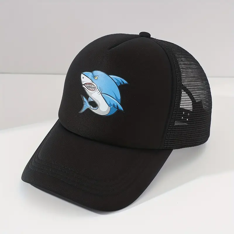 Blue Shark Print Trucker Hat Mesh Breathable Unisex Baseball Cap Black  Adjustable Cartoon Sunscreen Dad Hats For Women & Men