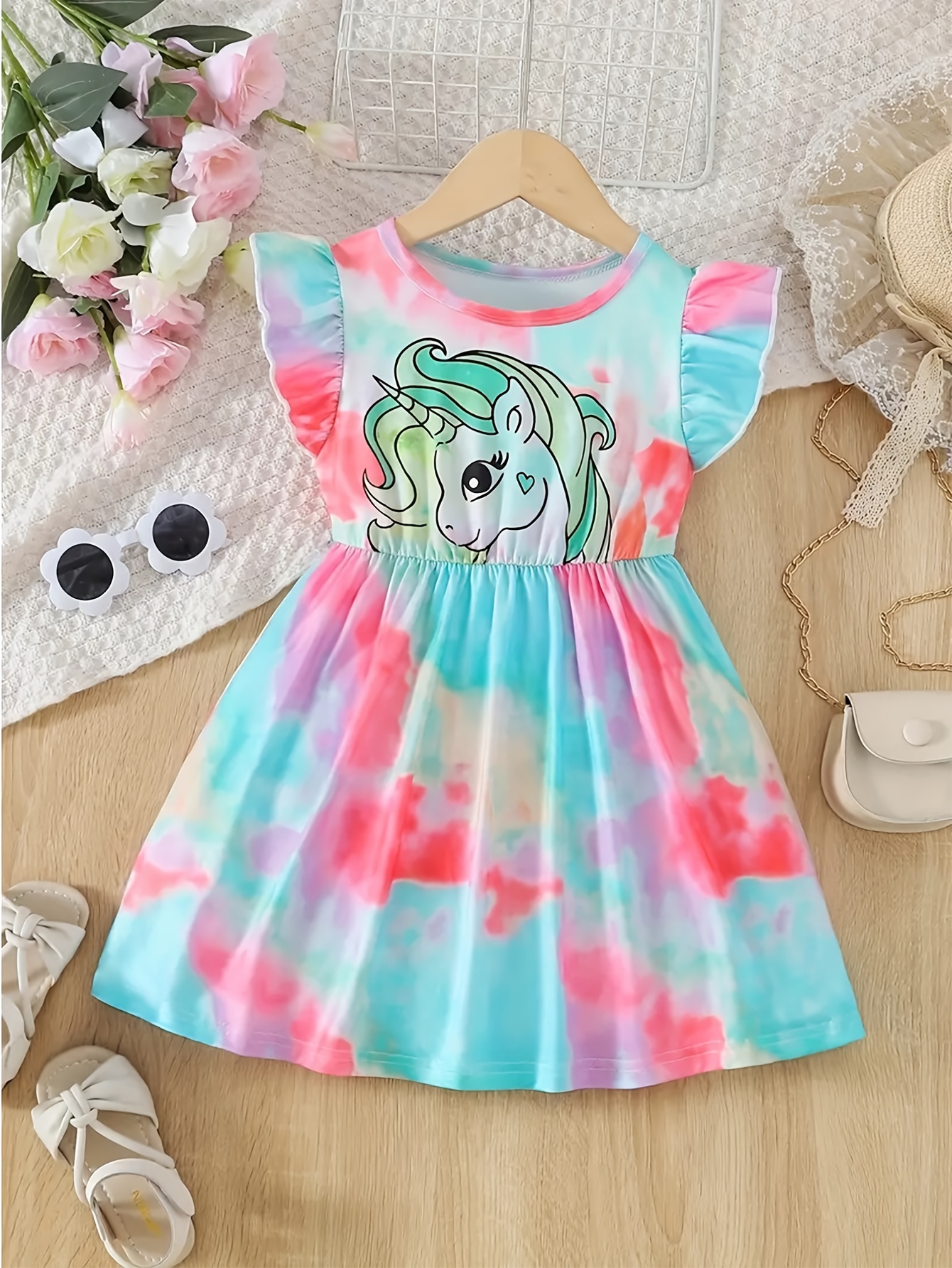 Toddler Girls Cute Unicorn Printed Dress Ruffle Trim Summer - Temu