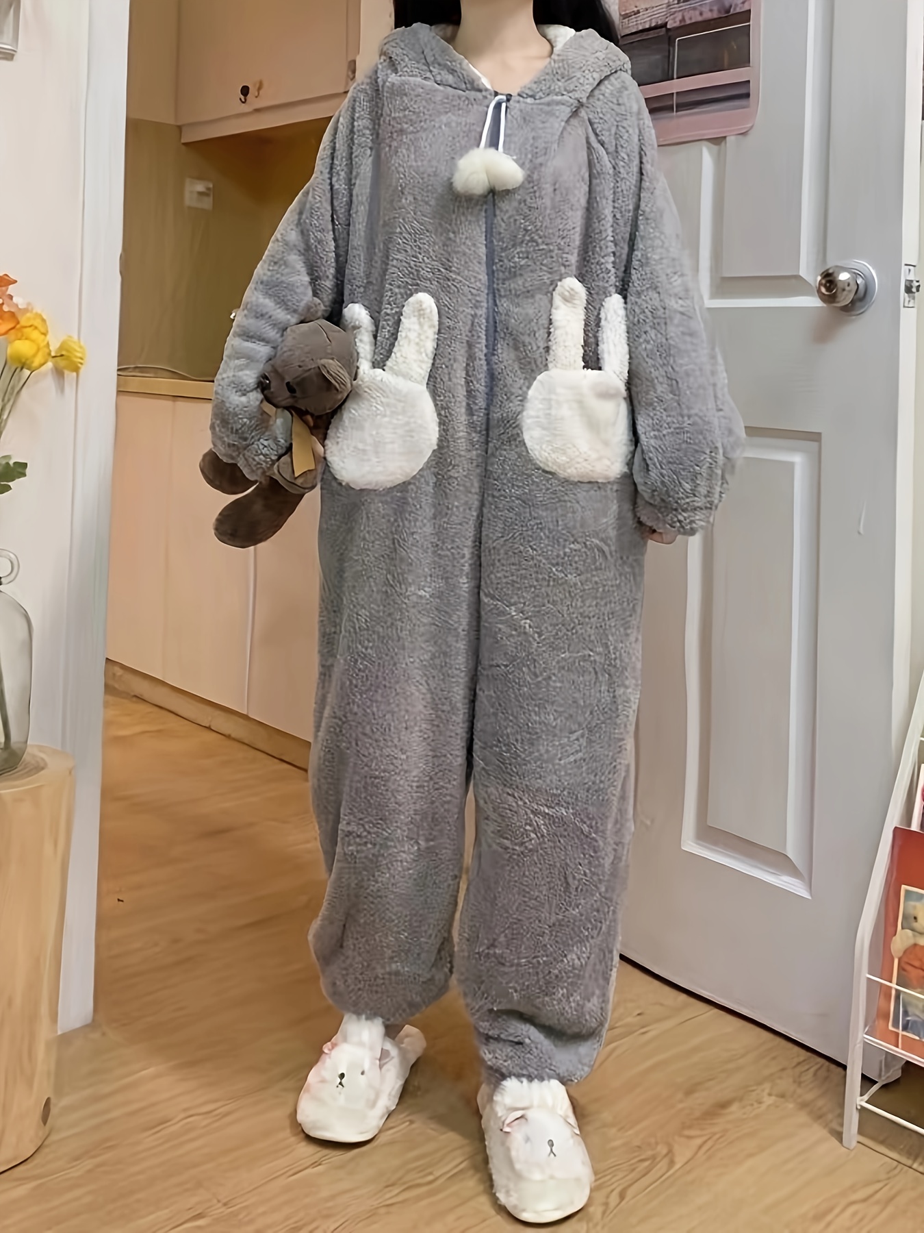 Cartoon Bunny Fuzzy Hooded Jumpsuit For Music Festival, Cute Long Sleeve  Zipper Pajamas, Women's Sleepwear & Loungewear