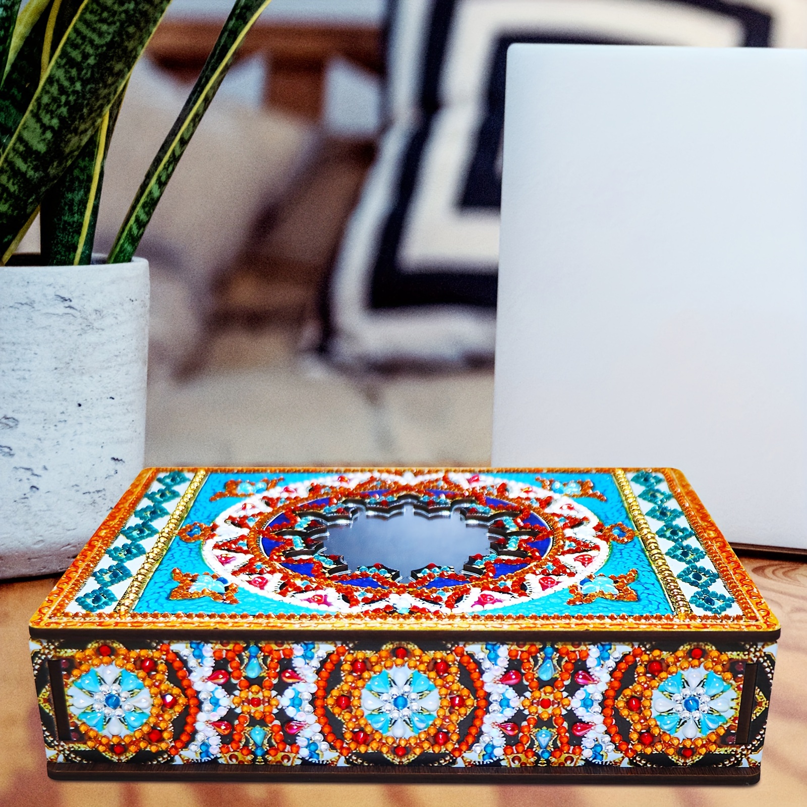 DIY Diamond Painting Kit with Mirror, Blue Mandala Wooden Storage Box