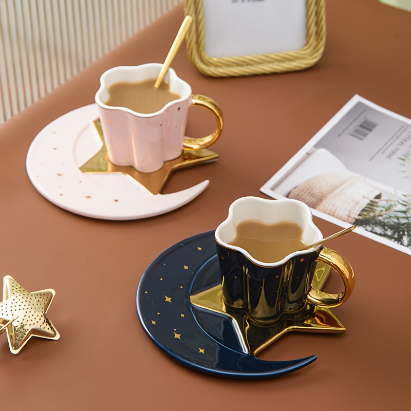 set star moon teacup and saucer ceramic coffee cup and saucer plate shiny exquisite drinking cups for breakfast tea party afternoon tea home garden restaurant and more summer winter drinkware christmas decor details 6