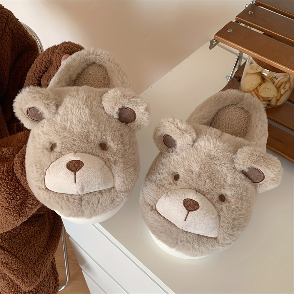 XIXITIAO Plush Bear Slippers for Women Men Cozy Winter /Outdoor House  Shoes with Cute Teddy Bear Ears Paws, Non-Slip Sole, -like Unisex