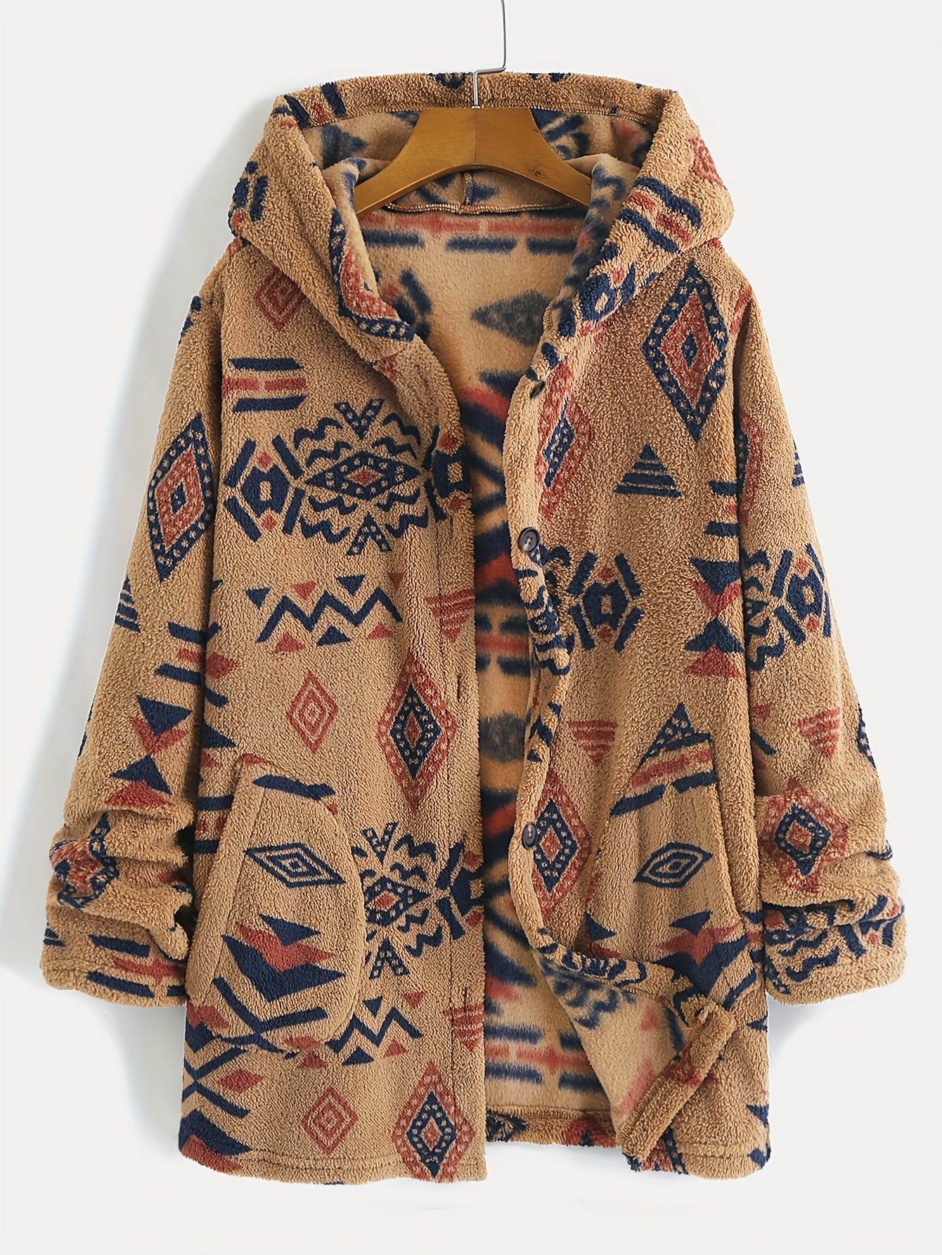Plus Size Boho Coat Women's Plus Aztec Print Teddy Fleece - Temu