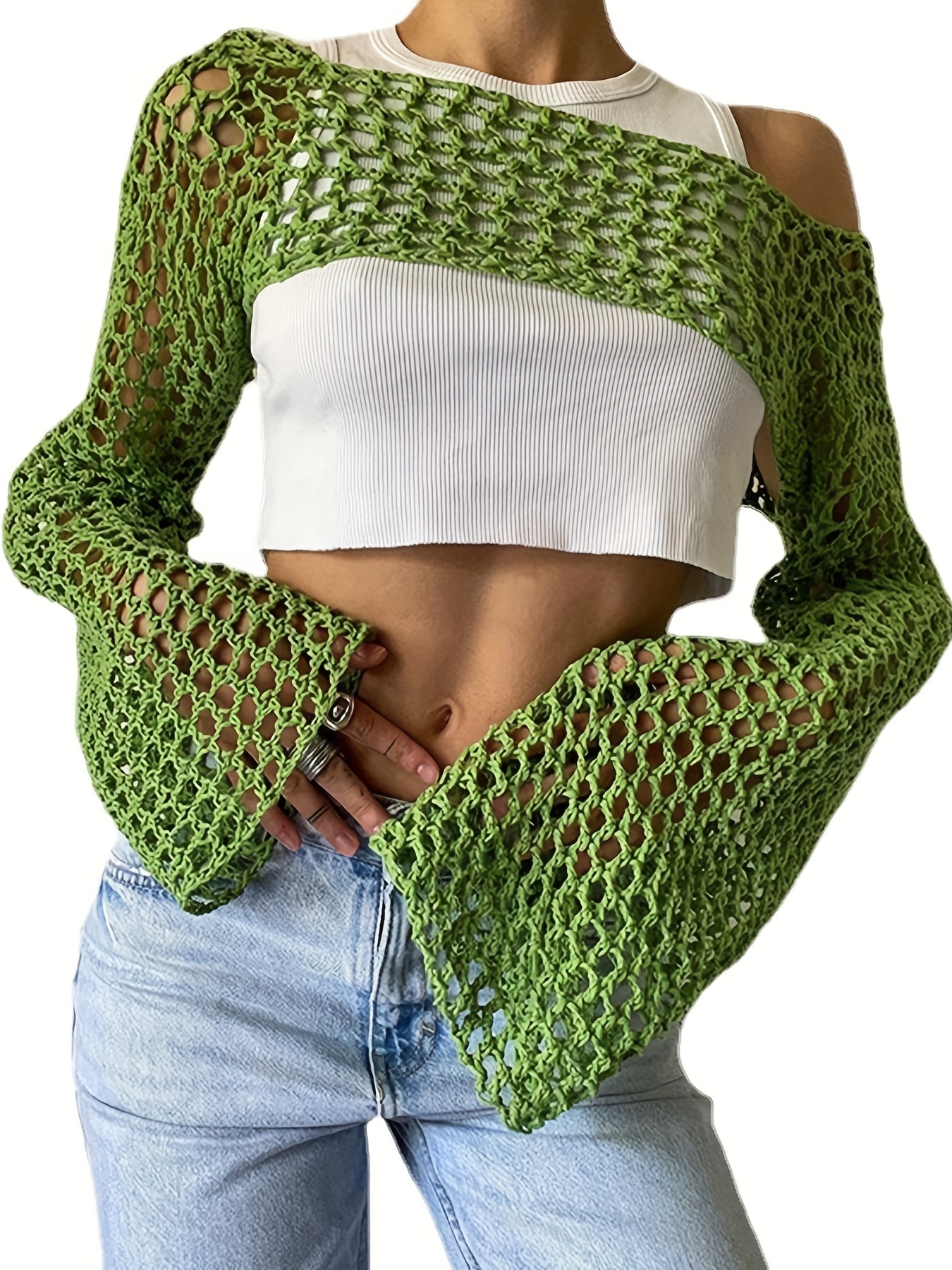 Y2k Crochet Crop Top Long Sleeve Solid Casual Top Women's - Temu