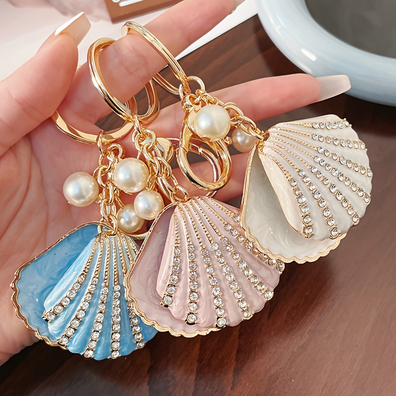 White Puff Ball Keychain With Sea Shell Charm