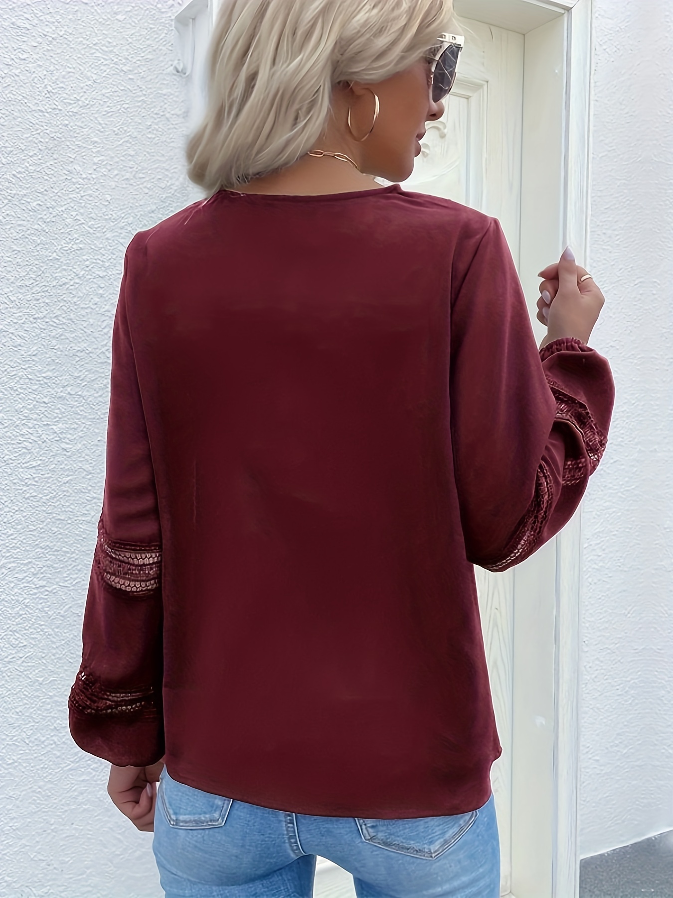 Solid Contrast Dantel Bluz, Bahar ve Sonbahar için Zarif Uzun Kollu V Yaka Bluz, Kadın Giyim