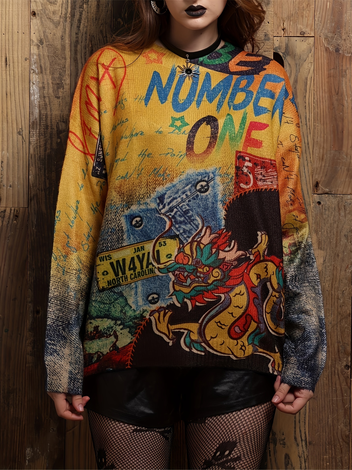Oversized Graffiti-Print Knitted Sweater - Purple main image 0