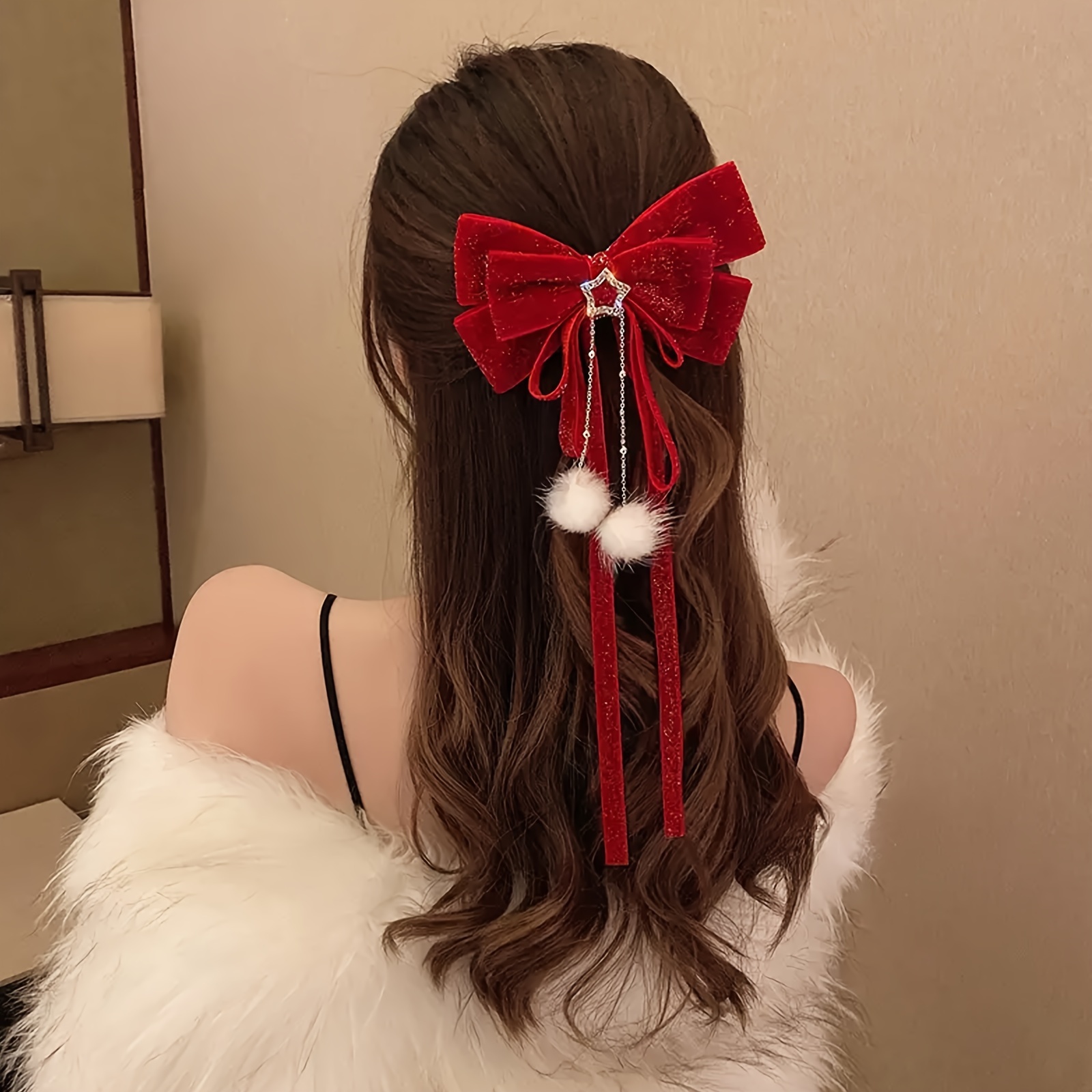 Christmas Red Velvet Big Bow Girls New Year Hair Accessories - Temu