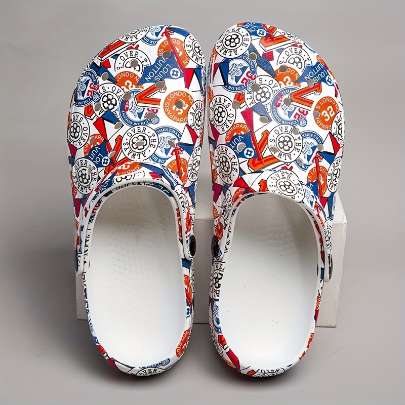 Women's Letter & Floral Pattern Clogs, Slip On Round Toe Hollow