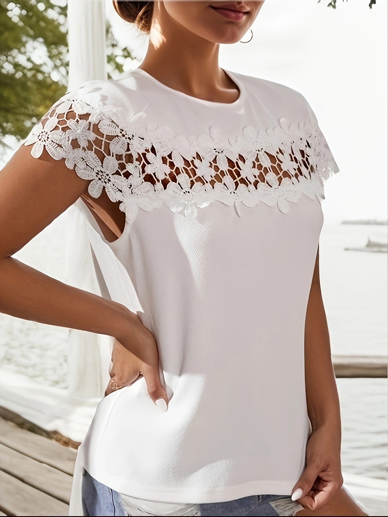 Womens Lace Short Sleeve Crewneck T-Shirt Summer Casual Floral