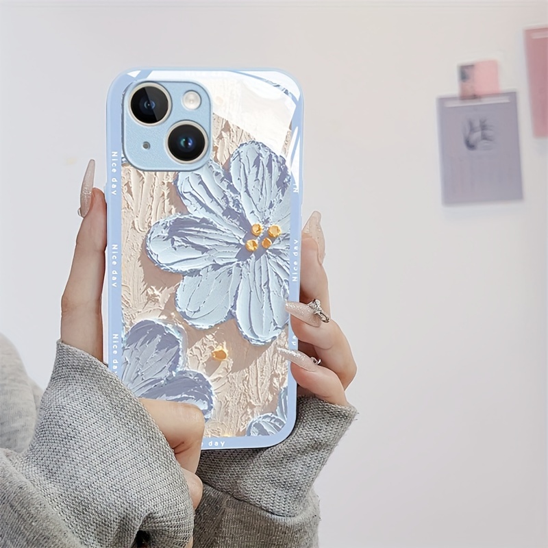 Creative Oil Painting Blue Flower Pattern Phone Case Suitable For IPhone 15 14 13 12 11 X XS XR XS Pro Max Plus Far Blue Metallic Paint Silic