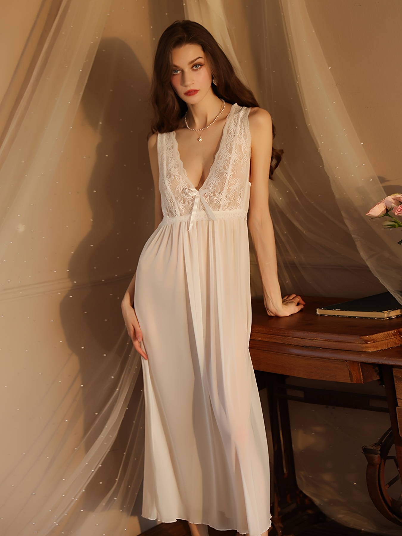 Women's Lace Nightdress Long Sexy Sleepwear, Women's Nightgowns Sleeveless  Negligee