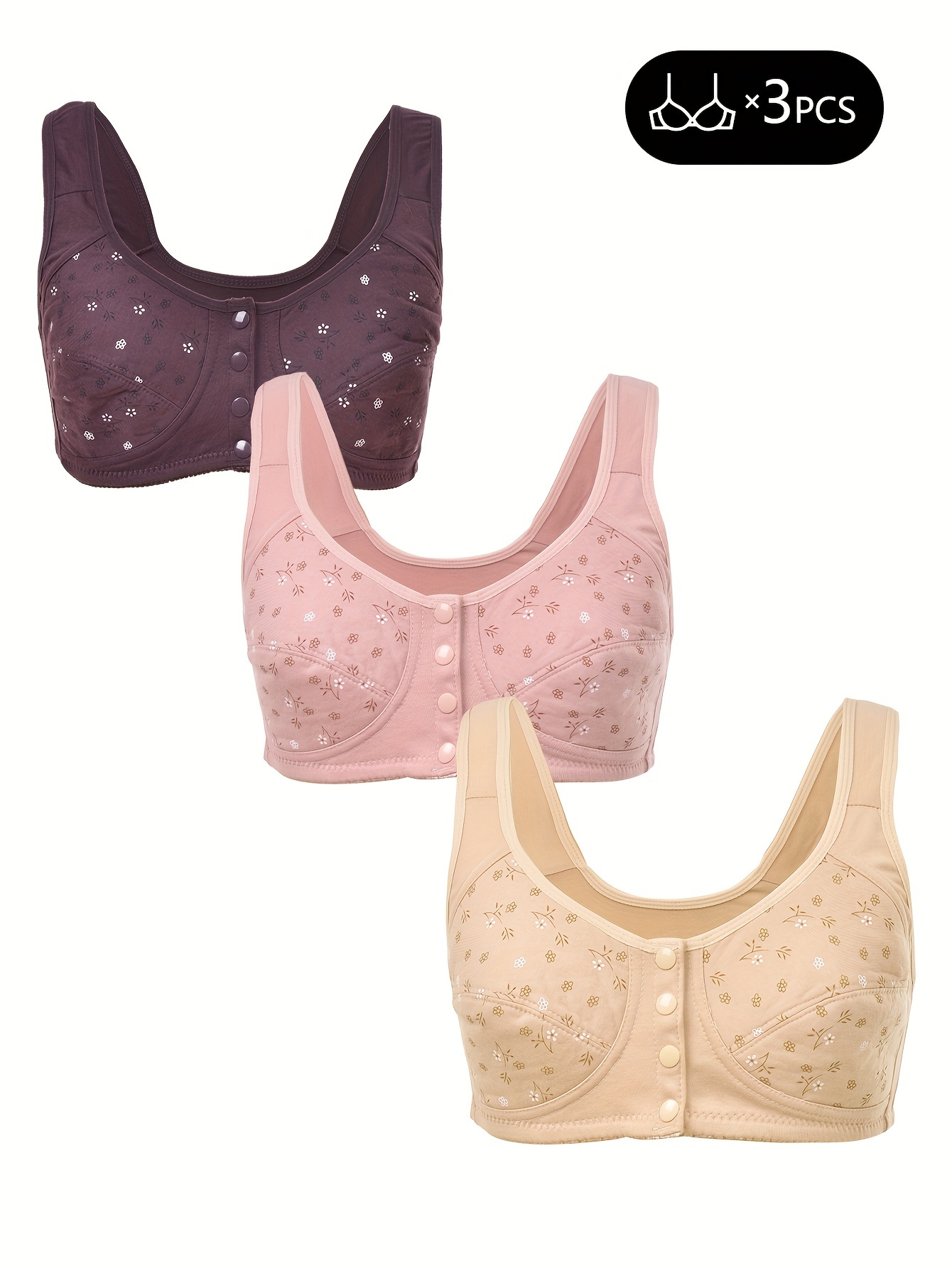 Floral Print Wireless Bra Comfy Casual Front Buckle Push Bra