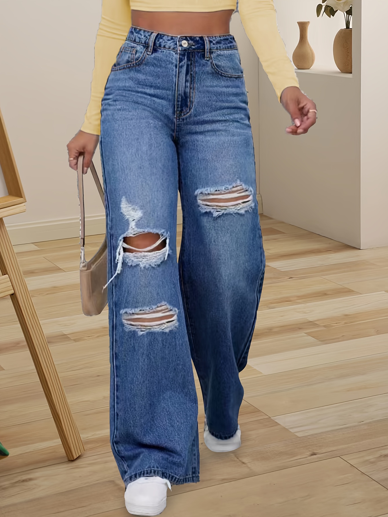 Elastic Waist Washed Baggy Jeans Loose Fit Washed Wide Legs - Temu