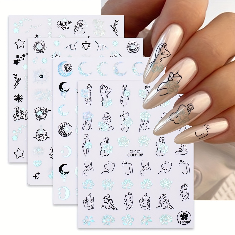 3D Sun Moon Star Nail Stickers Holographic Laser Silver Nail Art