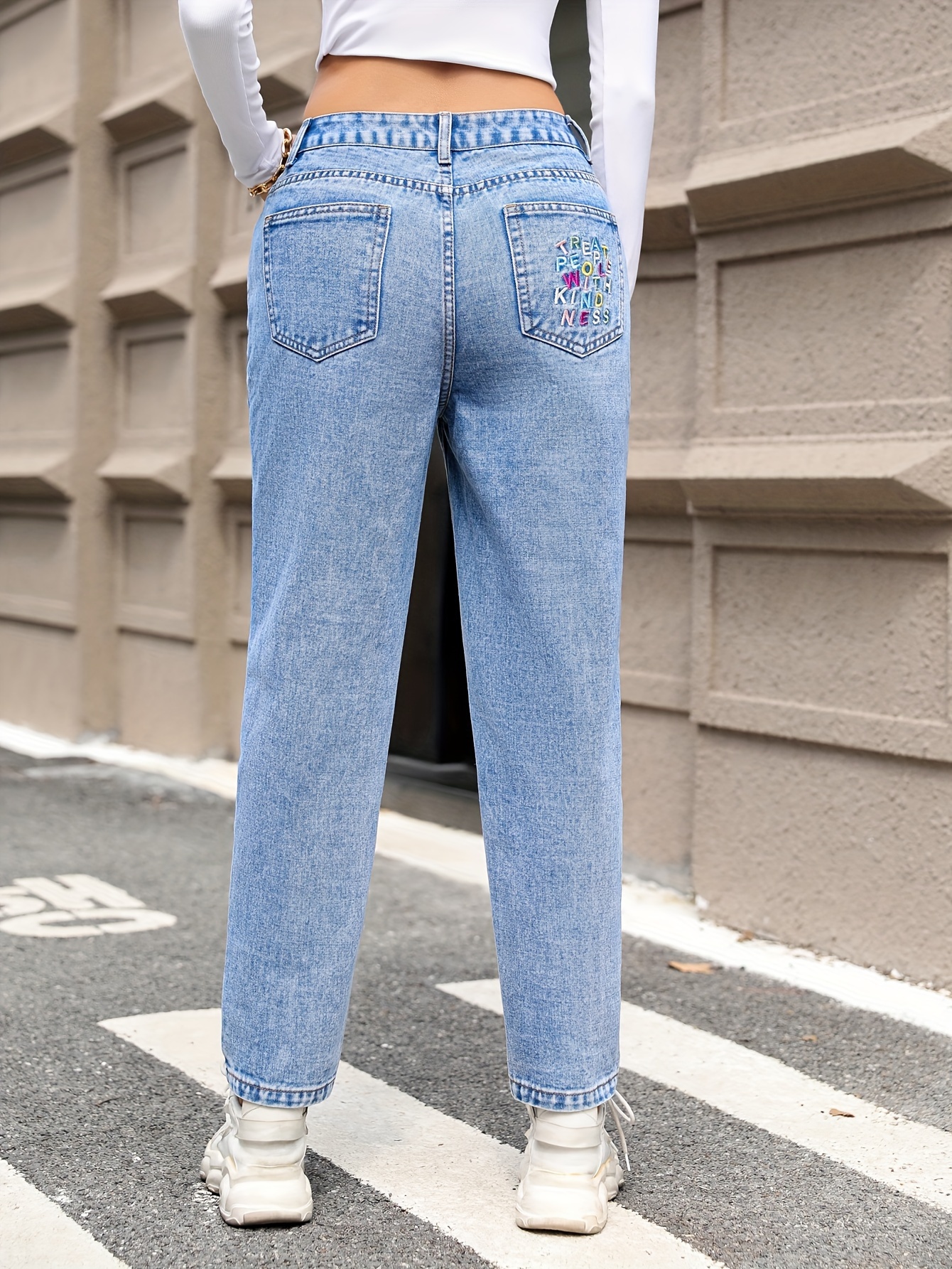 Baggy Jeans with Print 2023 Summer Personalized Worn Letters Printed High  Waist Pocket Light Blue Color Washed Jeans for Women