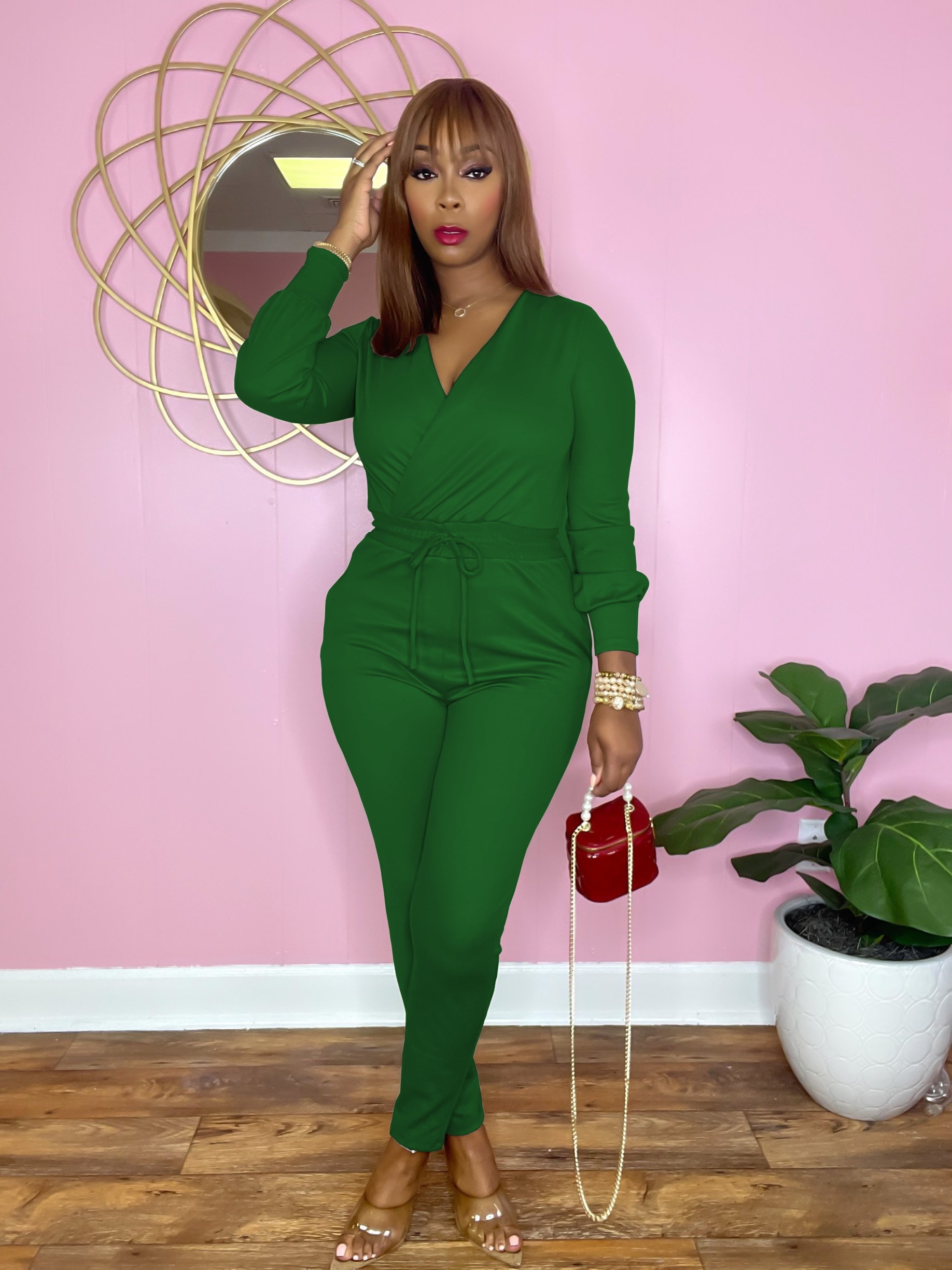 Solid V-neck Drawstring Jumpsuit, Versatile Long Sleeve Jumpsuit For Spring  Fall, Women's Clothing