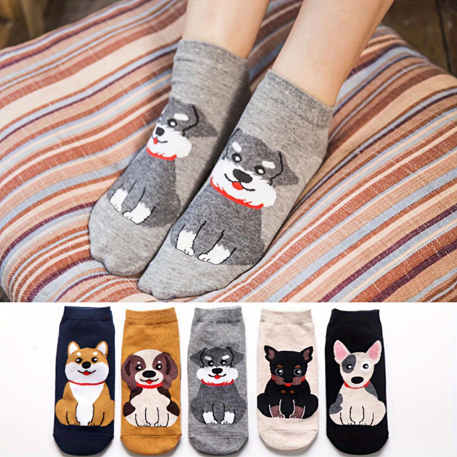 

5 Pairs Cartoon Dog Print Socks, Comfy & Cute Low Cut Socks, Women's Stockings & Hosiery