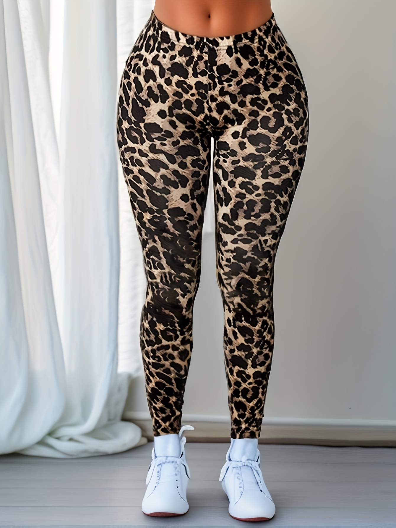 Leopard Print Skinny Leggings Casual High Waist Stretchy - Temu