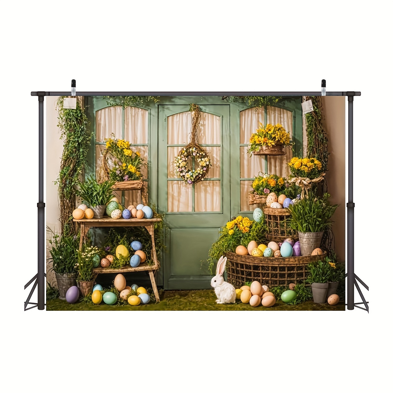 1pc easter day garden decor photography backdrops colorful eggs spring fresh flowers cute white bunny photo background