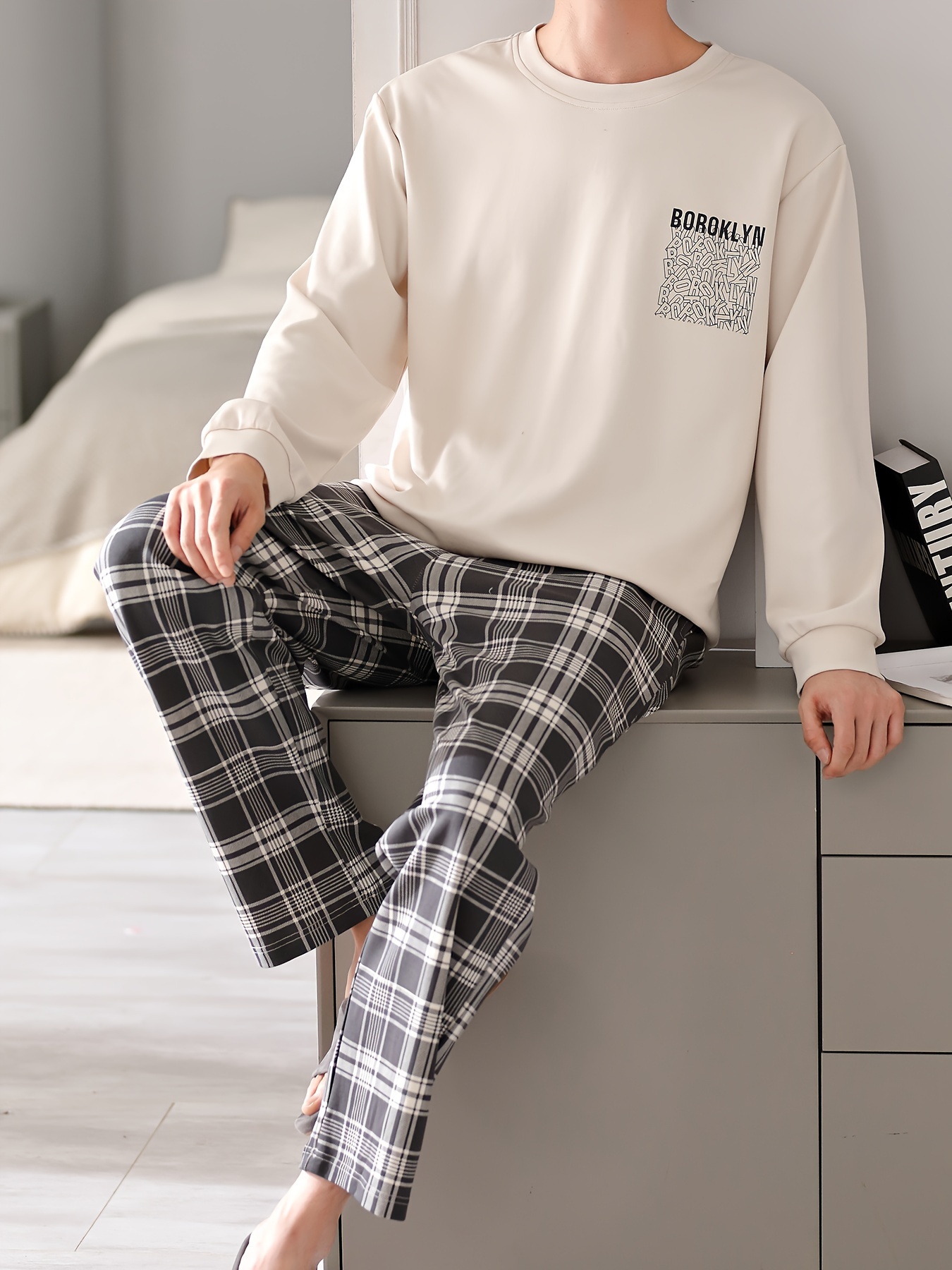 Pantalón pijama estampado a cuadros de algodón para hombre