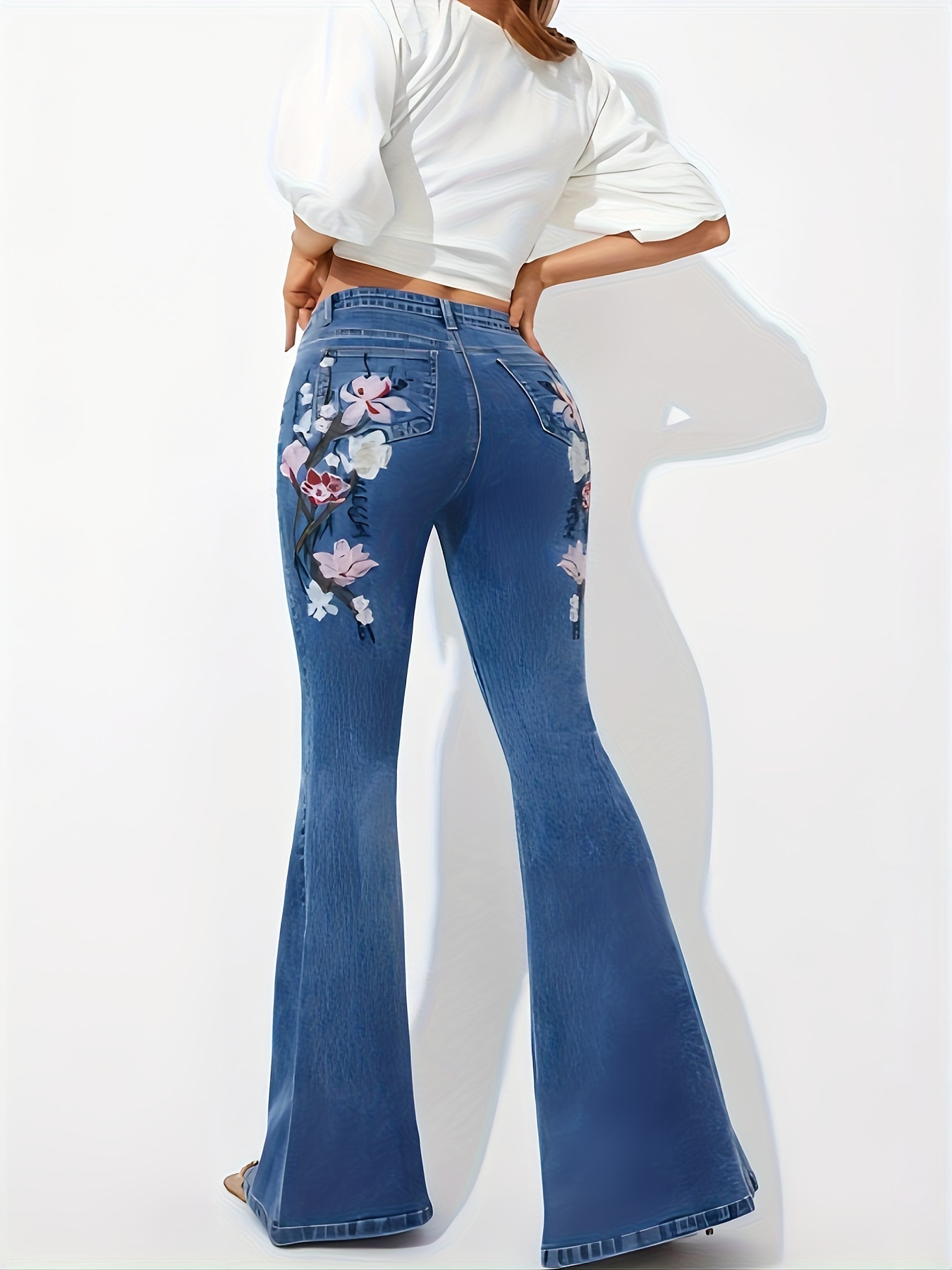Women's Elegant Jeans Plus Size Floral Embroidery High - Temu