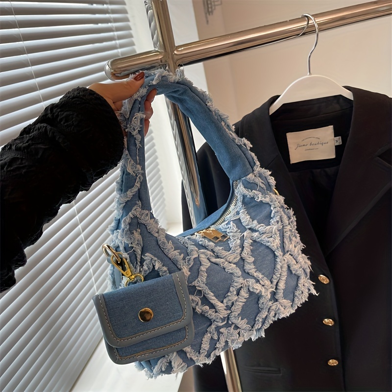 Trim Denim Hobo Bag, Trendy Shoulder Bag with Coin Purse, Argyle Pattern Underarm Purse, Christmas Styling & Gift,Temu