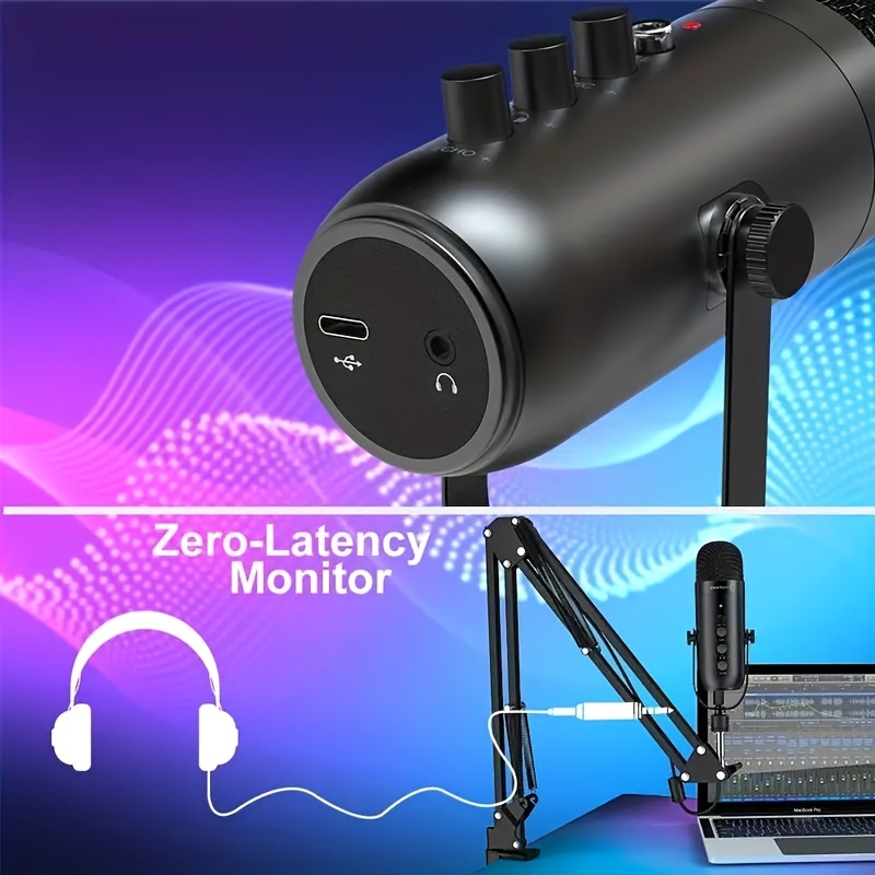 Kit de microphone de jeu, micro USB à condensateur de podcast avec bras de  perche, microphone supercardioïde avec bouton de sourdine, bouton de gain