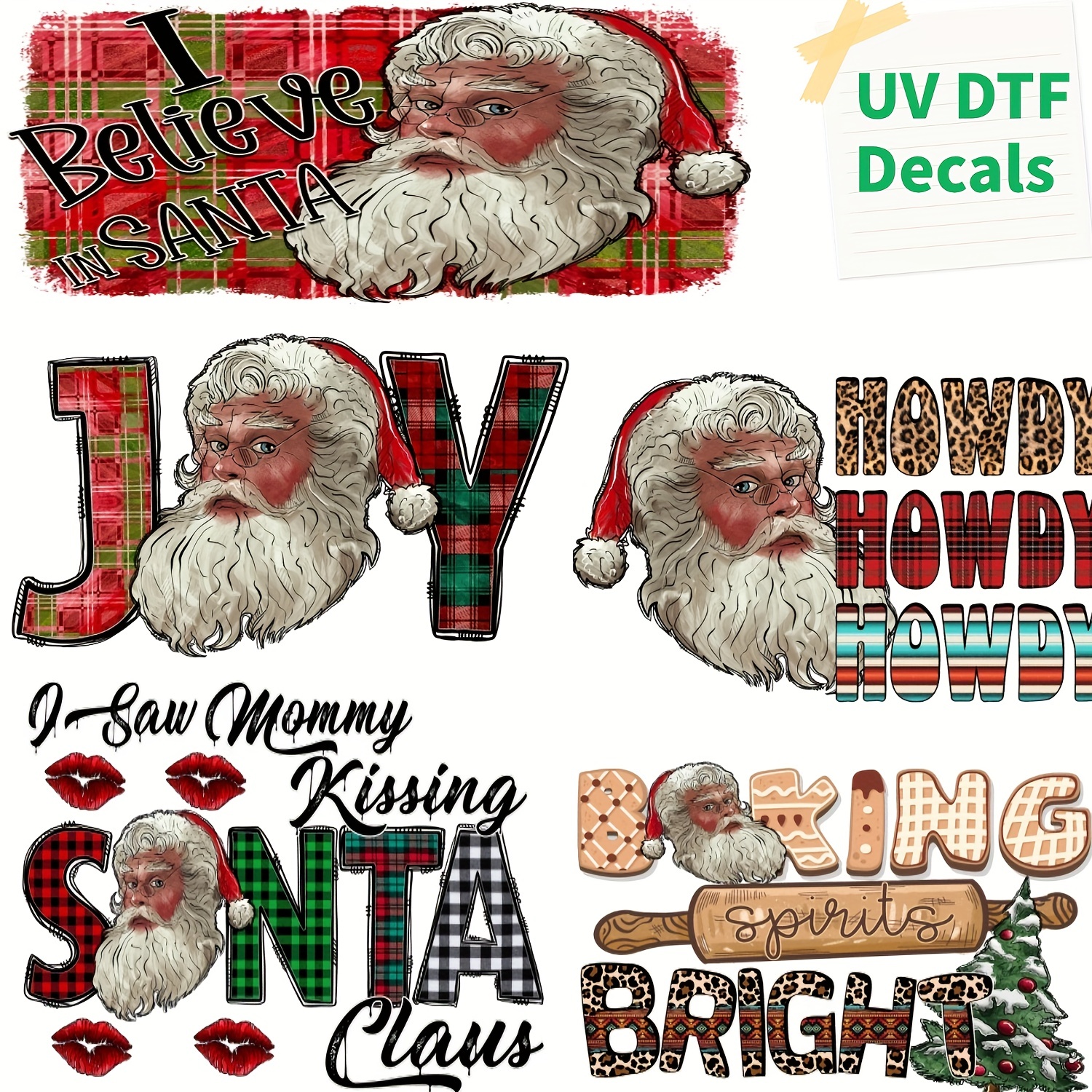 5pcs/set UV DTF Cup Wrap Decals Christmas Design, UV DTF Transfer Sticker  Waterproof Sticker For 16OZ Libbey Glass Cups And For Any Hard Suface Furnit