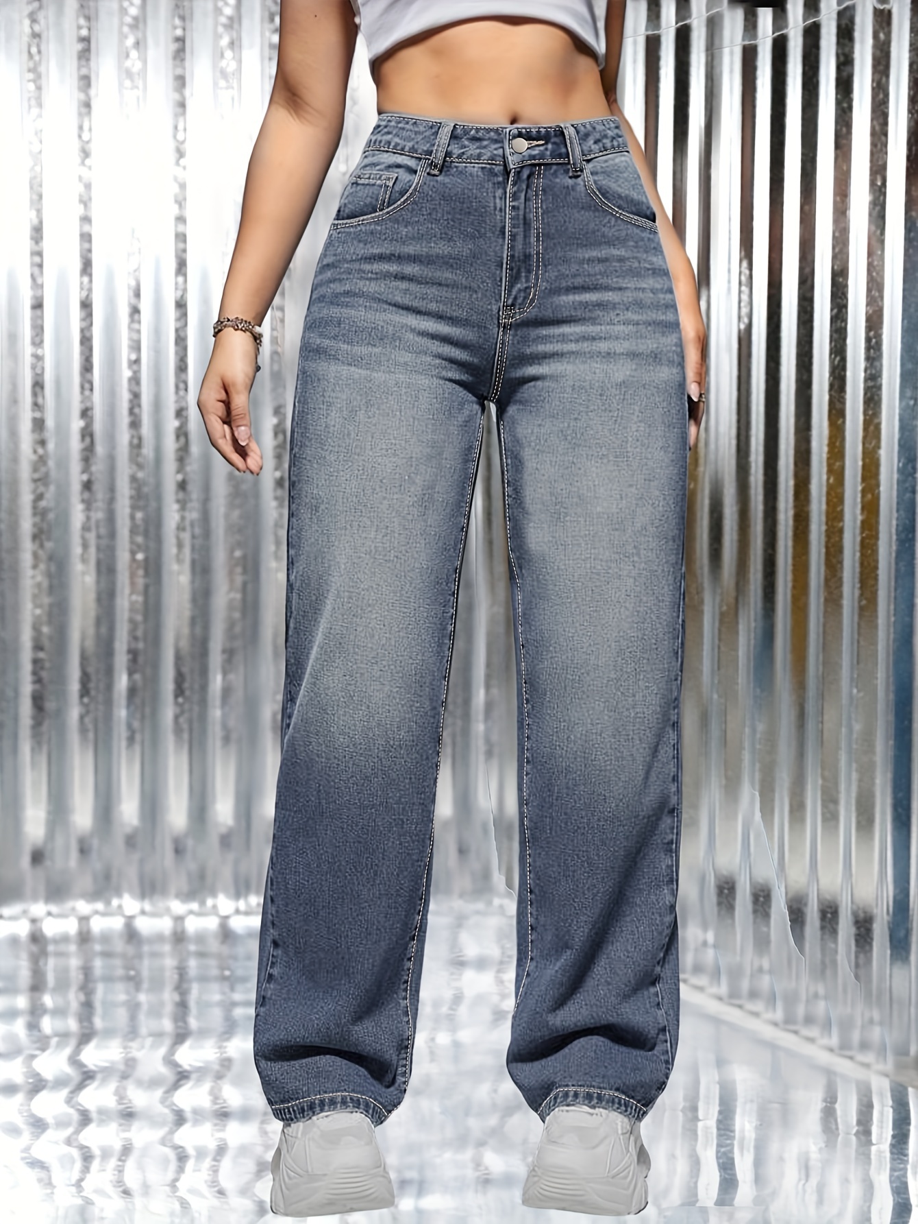 Light Blue Versatile Straight Jeans Loose Fit Slash Pockets - Temu Canada