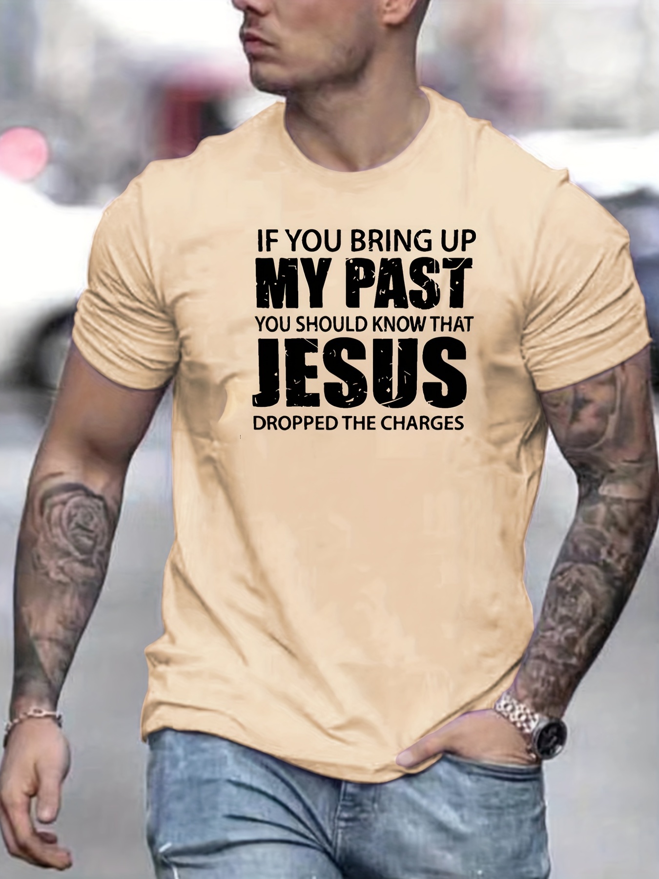 Camiseta masculina com estampa de slogan cristão e leve elasticidade,  camiseta estampada, roupas masculinas de verão, roupas masculinas - Temu  Portugal