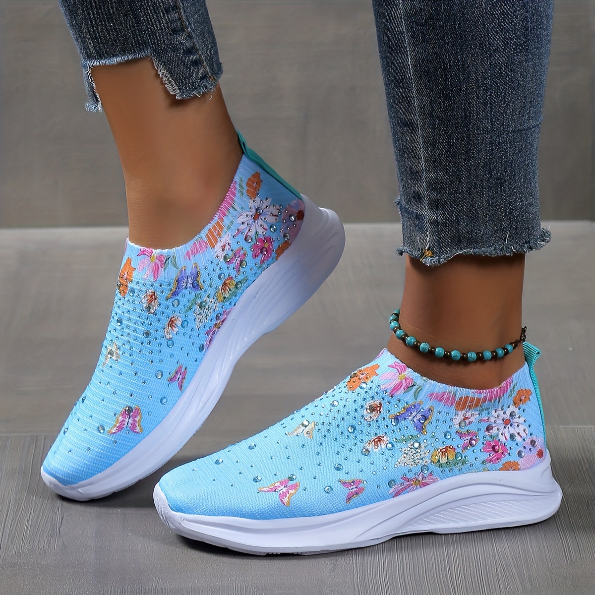 Women's Blue Butterfly Knitted Breathable Lace-up Casual Sports Shoes