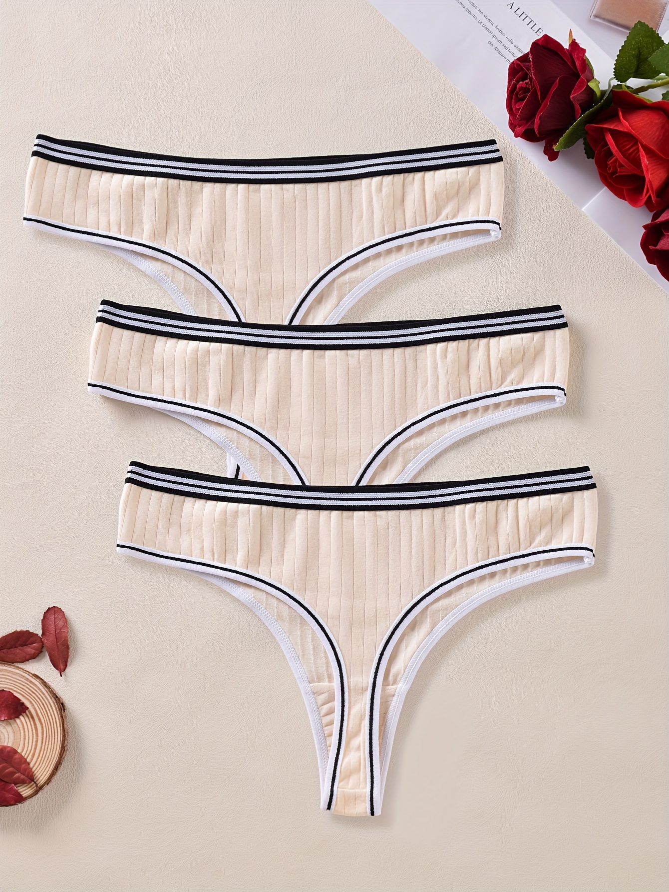 Striped Trim Thongs Soft Comfy Stretchy Intimates Panties - Temu