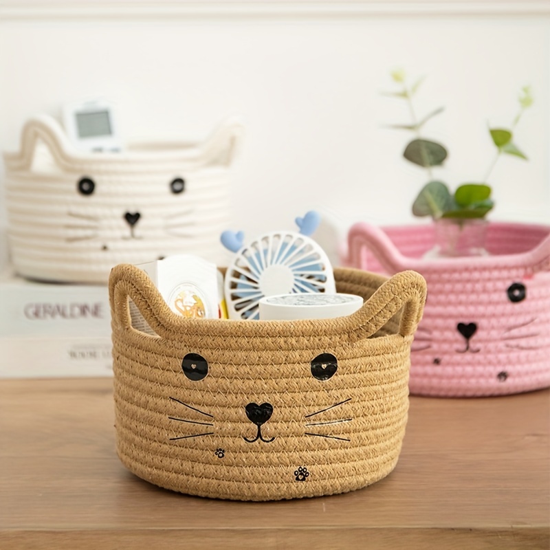 Small Cotton Rope Basket With Cat Ears, Cute Little Storage Baskets Mini  Storage Bins Little For Desk Dog Cat Toy