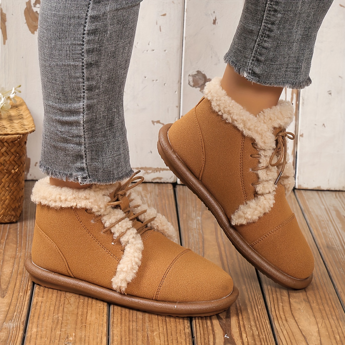 Women's Fleece Ankle Boots Winter Round Toe Lace Snow Boots - Temu Canada