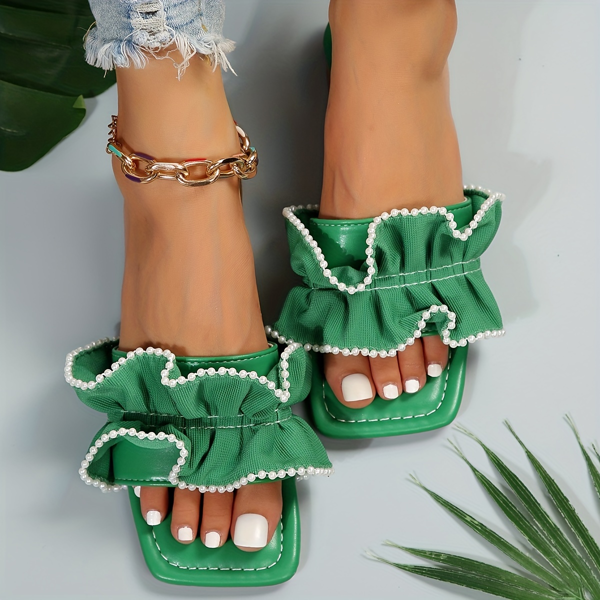 Ruffle slide store sandals