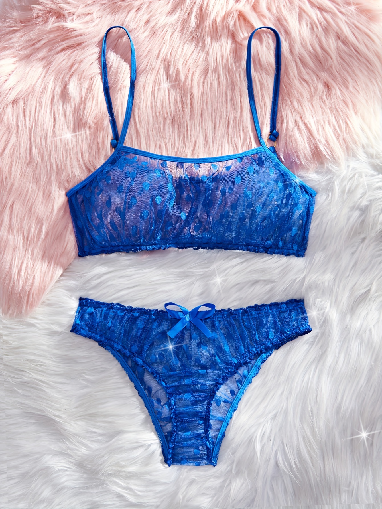 Buy Blue Mesh Lace See Through Bralette Set 