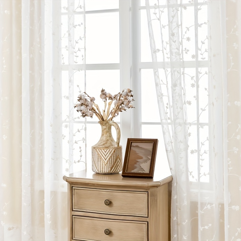 E-shop Set mit 2 amerikanischen Vintage-Vorhängen mit transparenter Stickerei und Blumenmuster, geeignet zur Dekoration von Balkonen, Schlafzimmern,
