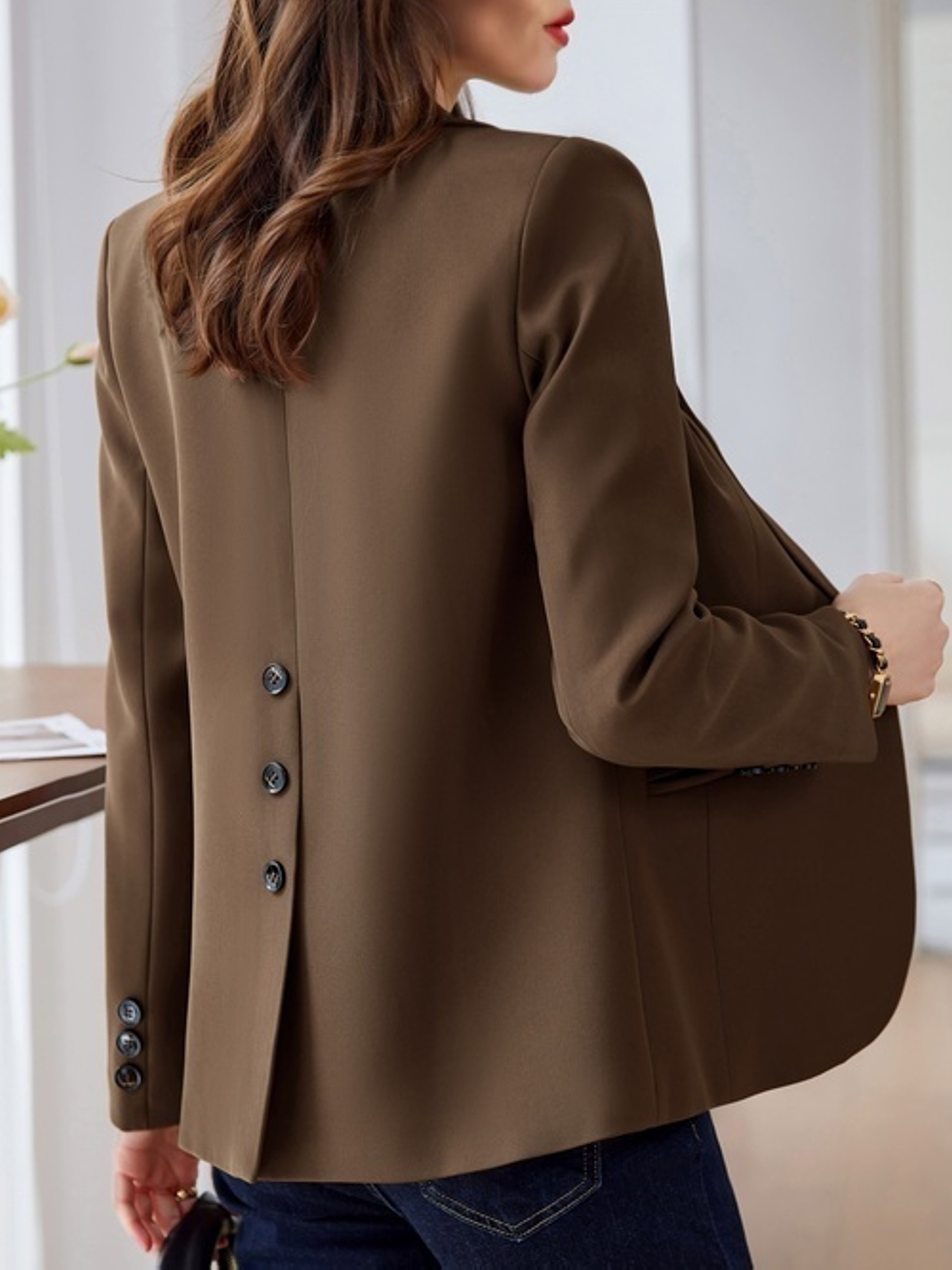 Solid Lapel Neck Casual Long Sleeve Office - Temu