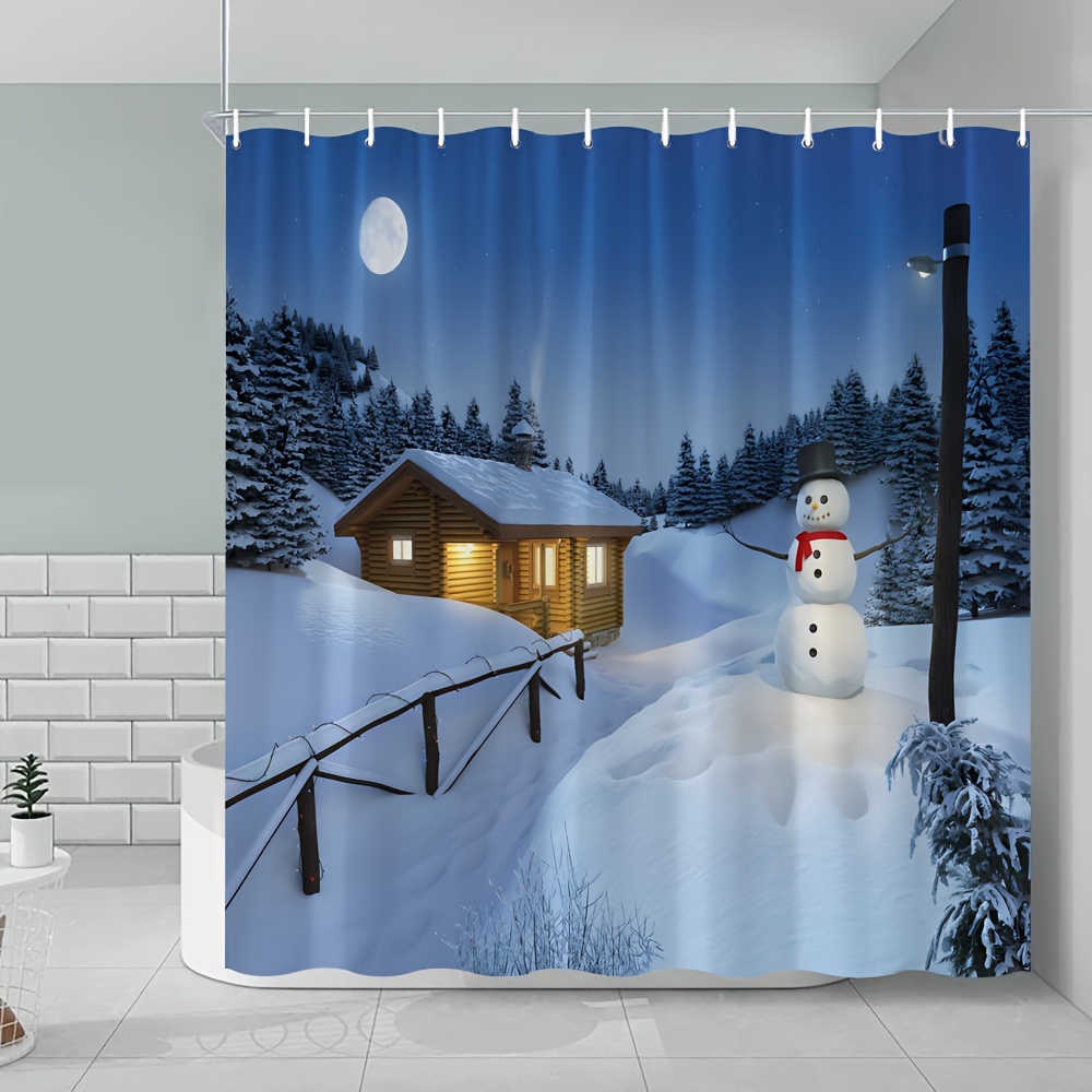 1pc Rideau De Douche Scène De Neige D'hiver De Noël, Rideau De Décoration  De Salle De Bain En Vue De Nuit De Maison En Bois De Bonhomme De Neige