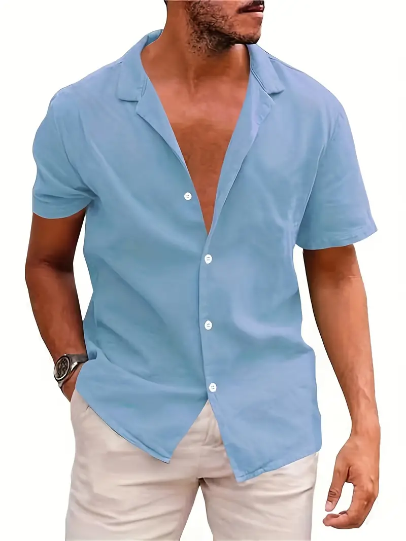 Men's Casual Fashion Solid Linen Shirt Short Sleeve Shirt - Temu