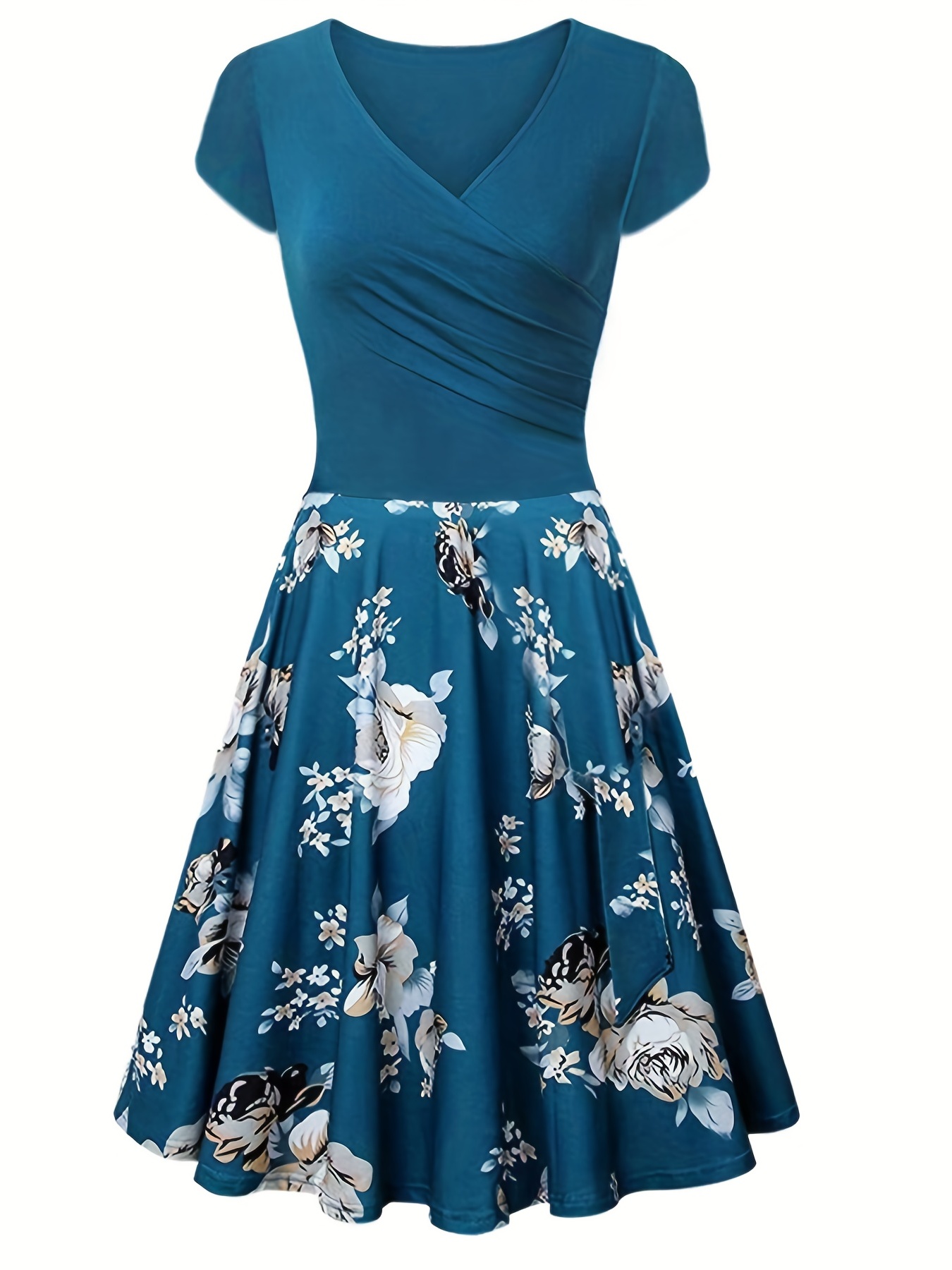 floral print v neck dress elegant short sleeve dress for spring summer womens clothing